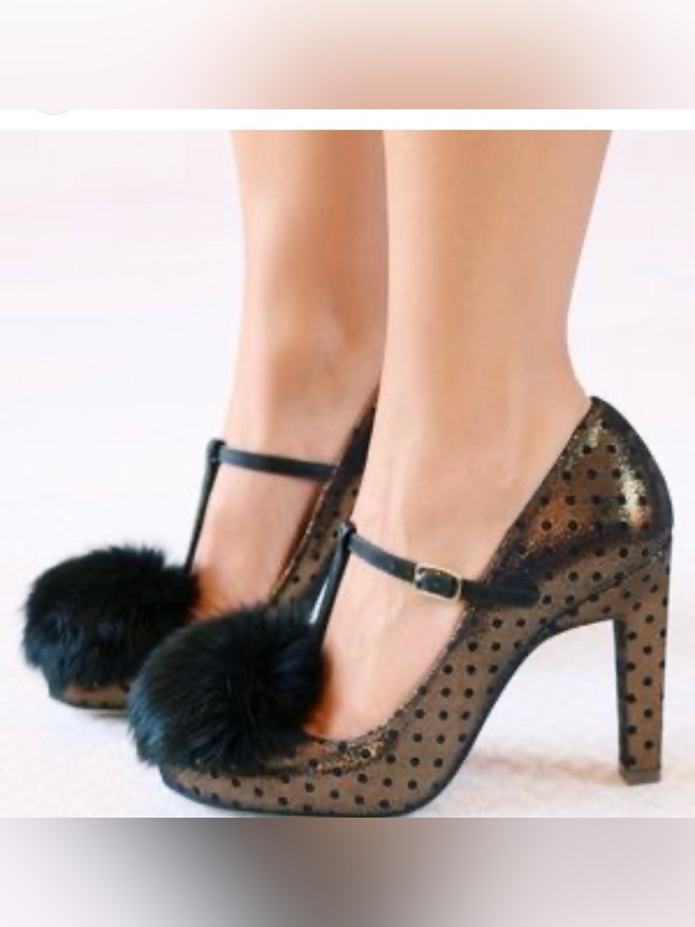 Chie Mihara Navy Metallic Polka Dot Pom-Pom Mary Jane Heels